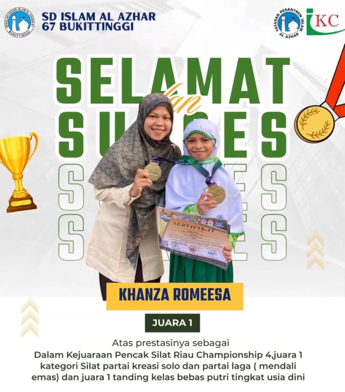 Juara 1 Kejuaraan Pencak Silat Championship IV Silat Partai Kreasi Solo, dan Juara 1 Tanding Kelas Bebas Putri Tingkat Usia Dini